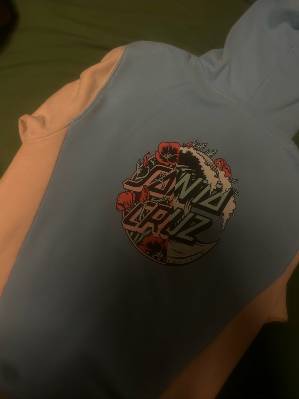 Santa Cruz Skateboards Light Blue and Peach Pullover Hoodie with Floral Logo